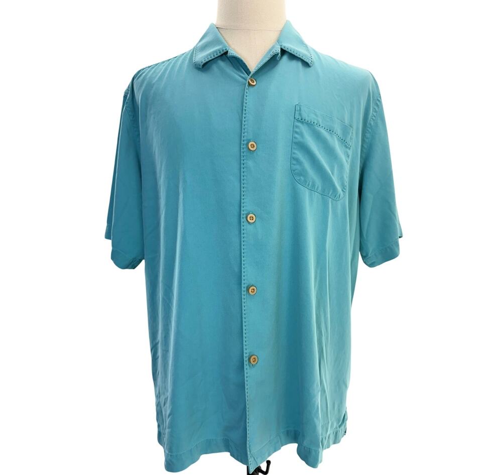 Tommy Bahama Silk Camp Shirt Men's XL Turquoise Blue Hawaiian Short Sleeve